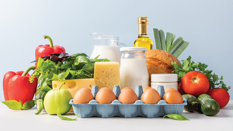 Vegetais, ovos, leite, azeite